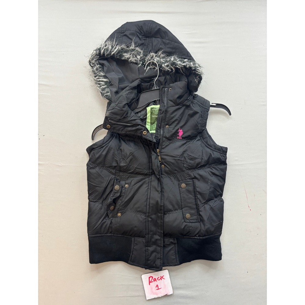 US Polo Assn Womens Black Puffer Vest Faux Fur Trim Hood Pink Logo Size Medium